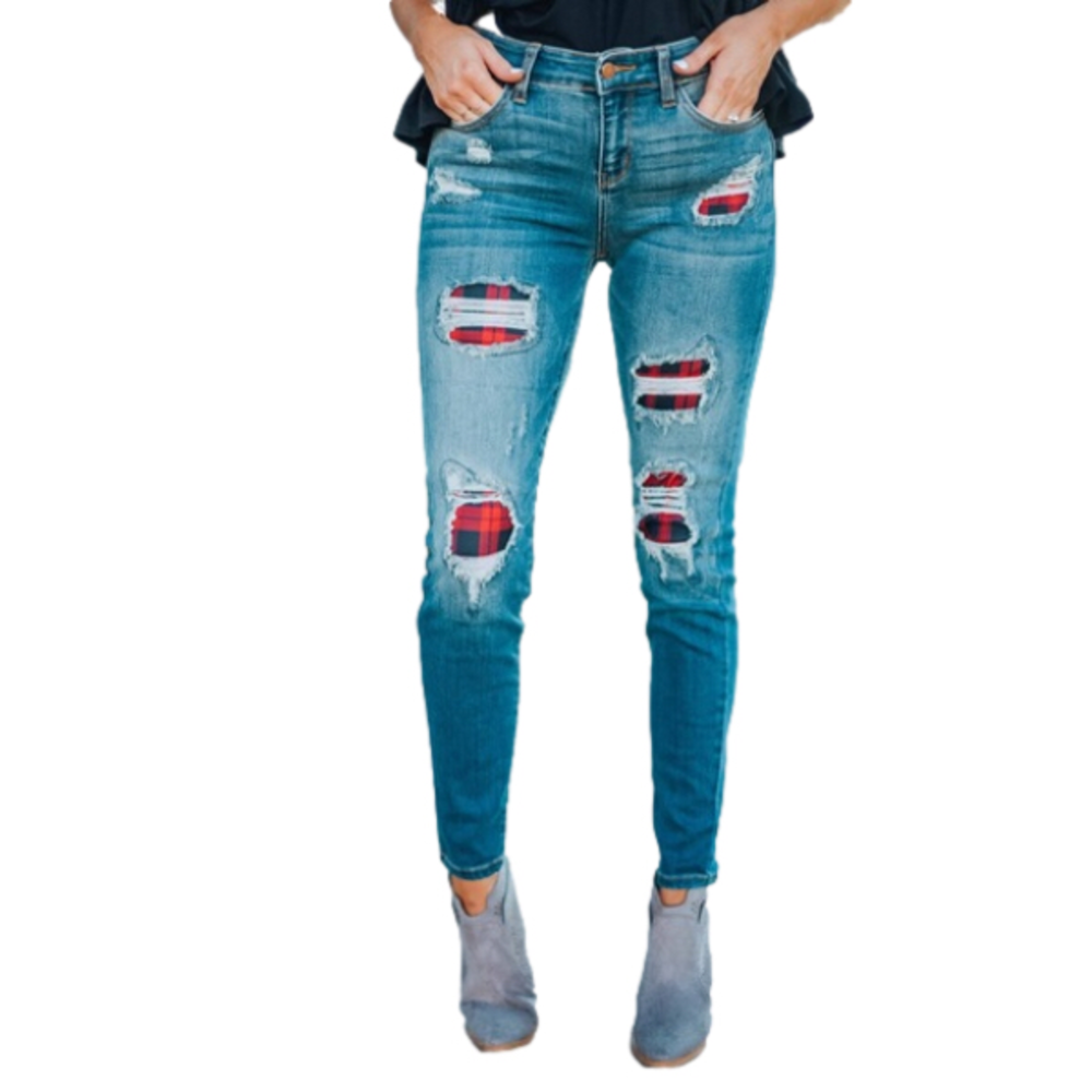 Judy Blue Buffalo Plaid Distressed Peek-A-Boo Skinny Jeans Size 27 NWT